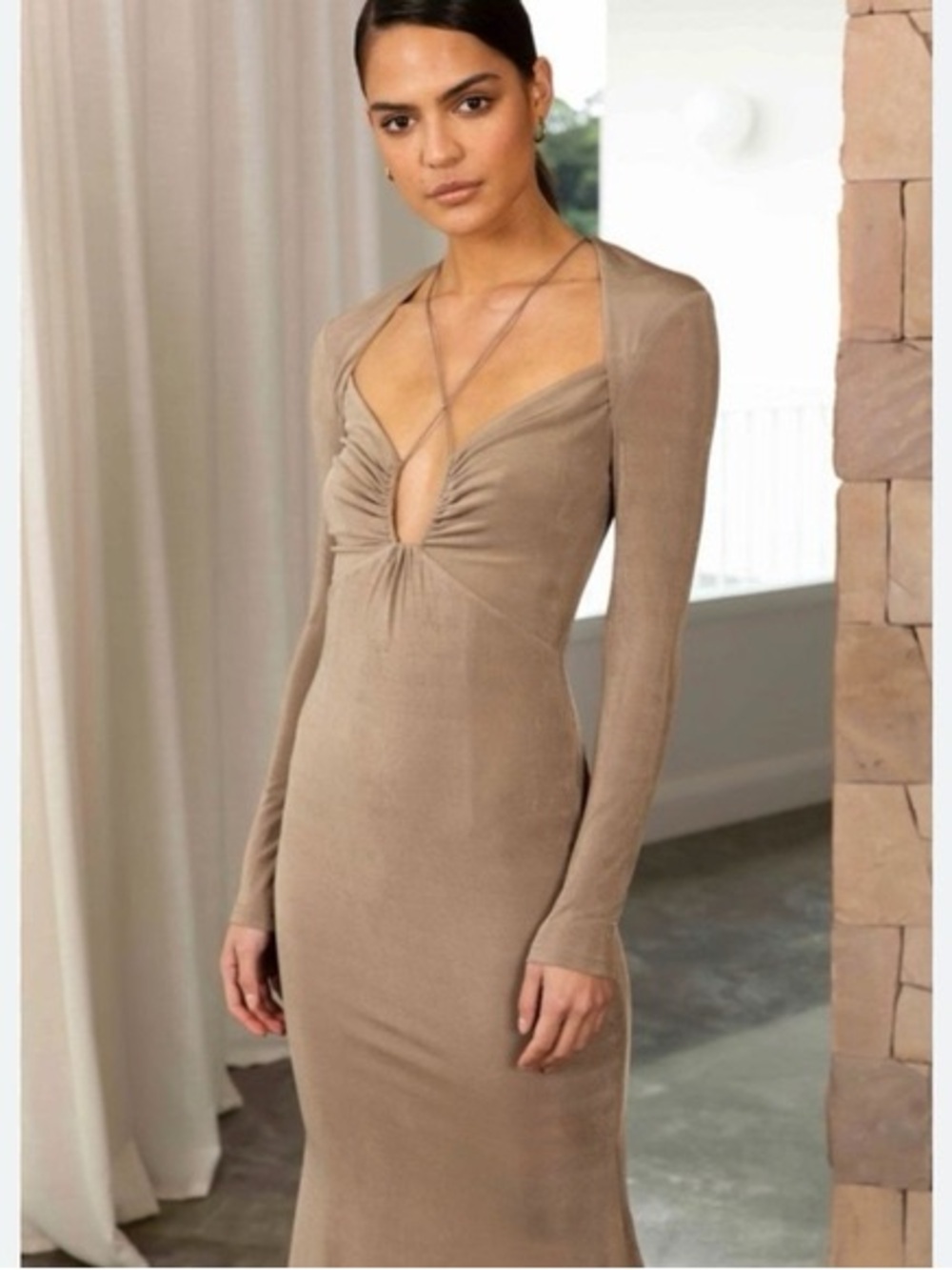 Jason Wu Taupe Long-Sleeve Keyhole Bodycon Dress Size Small